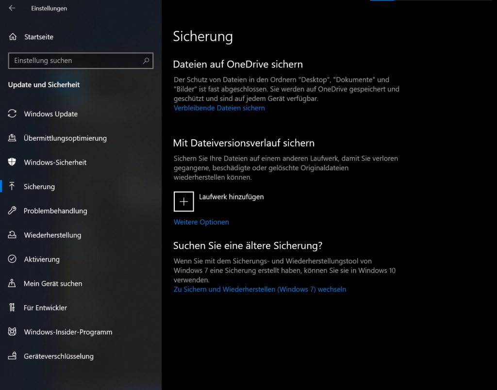 Das Bild zeigt die Sicherungsfunktion von Windows.