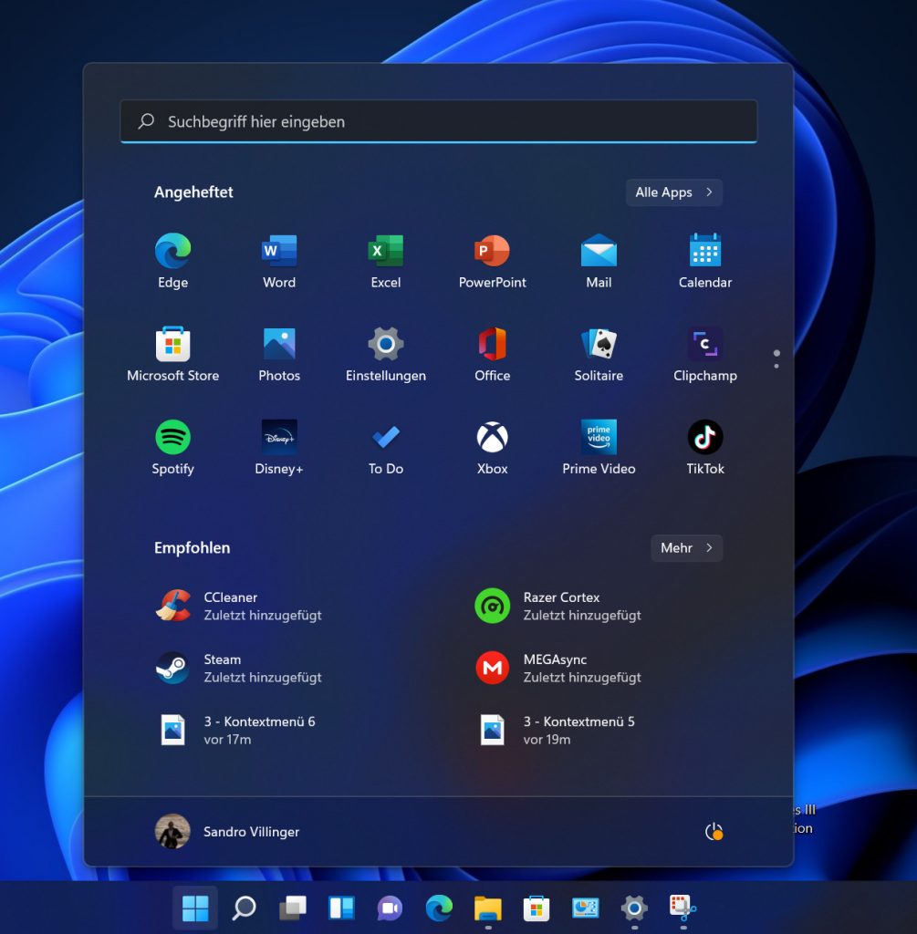 Screenshot Windows 11 Startmenü mit Bloatware