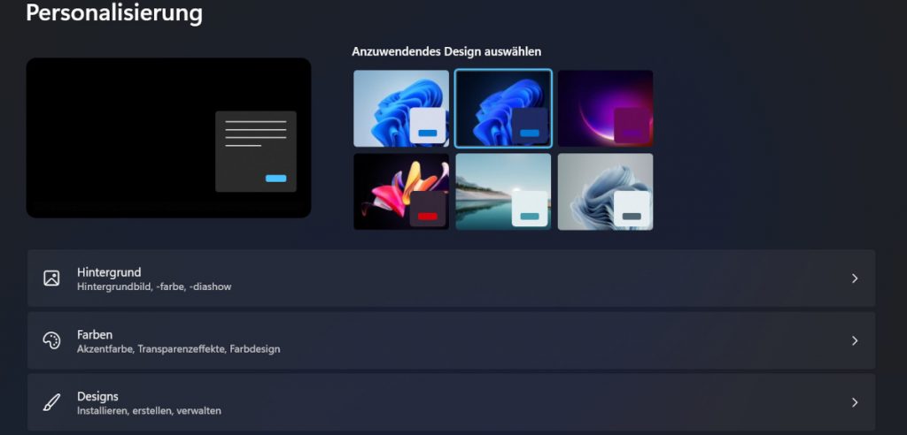 Screenshot Design-Optionen Windows 11