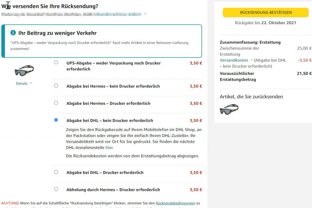 Amazon Rückversandart auswählen