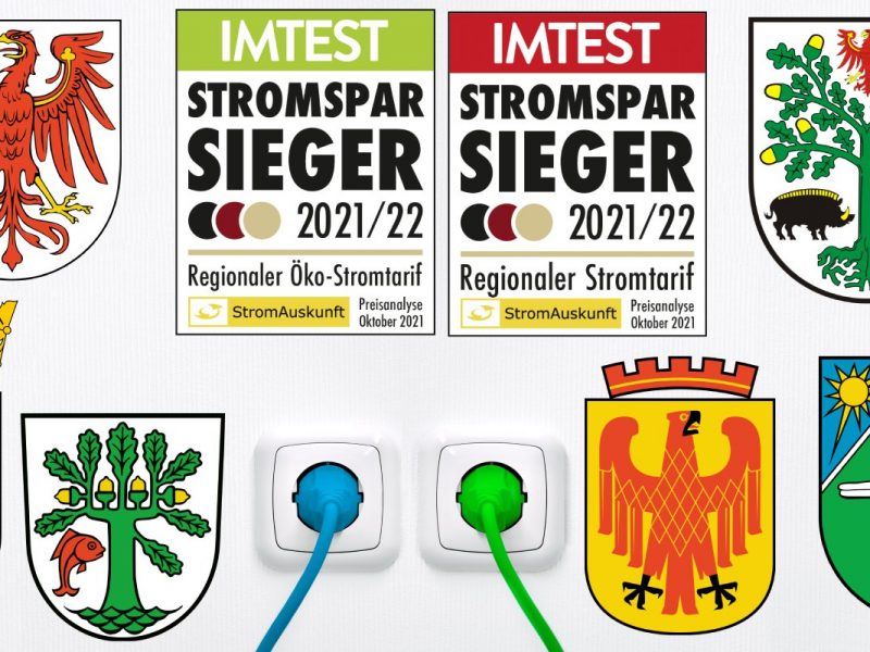 Das Bild zeigt die Wappen der Städte und die Siegel der Stromsparsieger