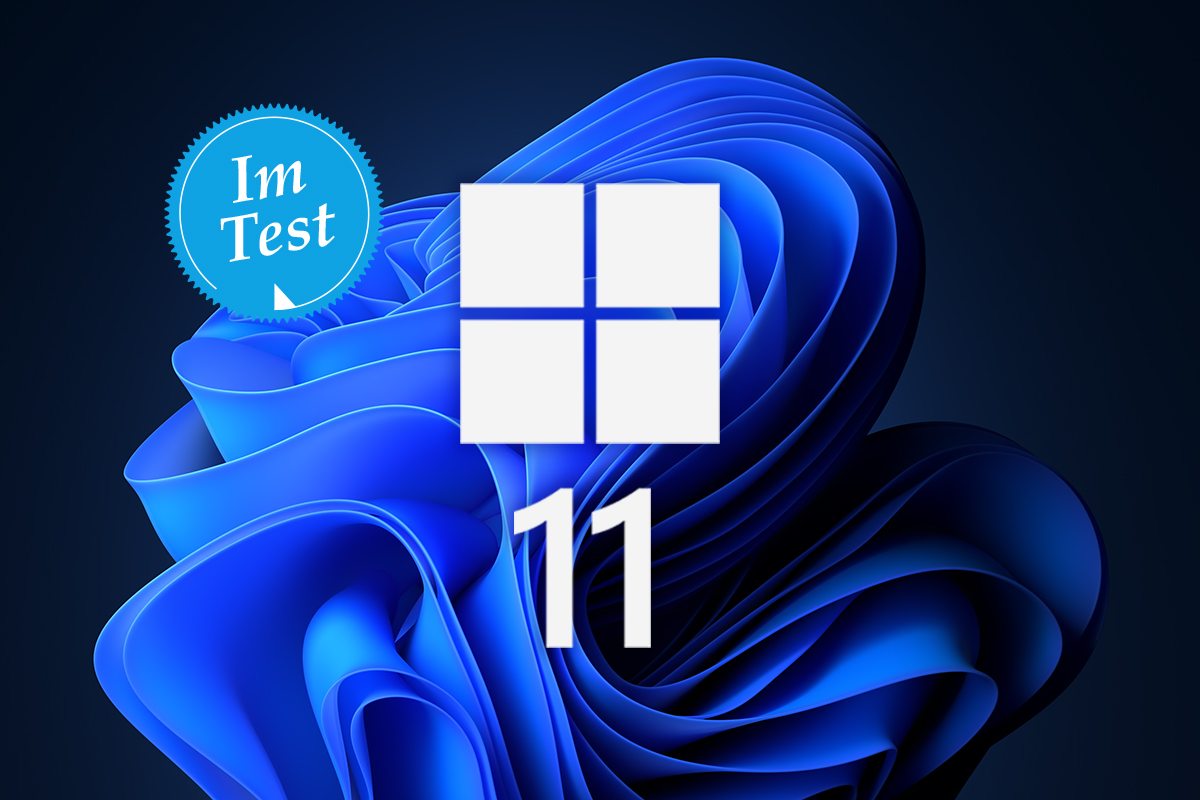 blaue Form auf schwarzem Hintergrund in der Mitte Windows Logo und die Zahl 11
