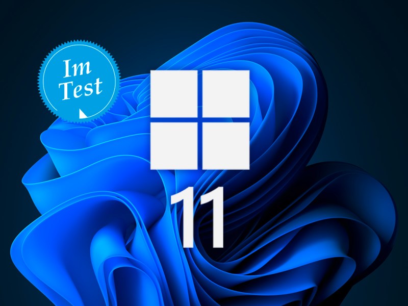 blaue Form auf schwarzem Hintergrund in der Mitte Windows Logo und die Zahl 11