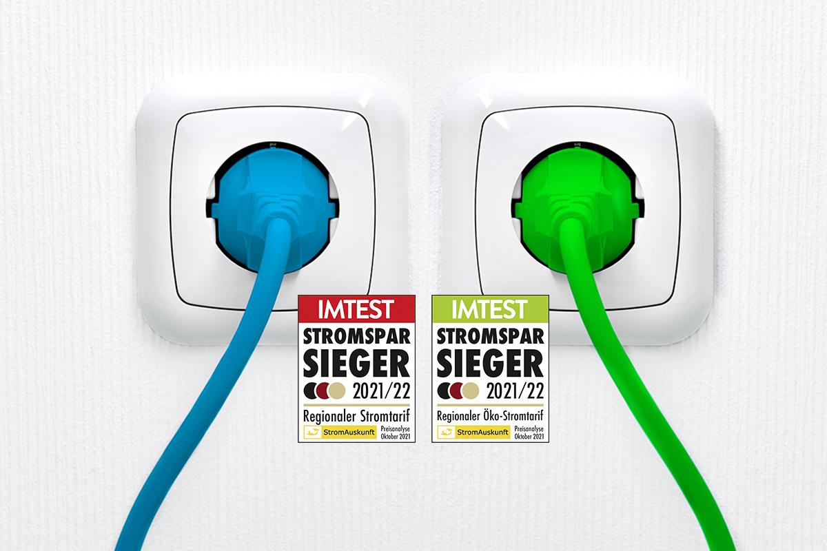 Das Bild zeigt zwei Steckdosen und die Stromspar Siegel