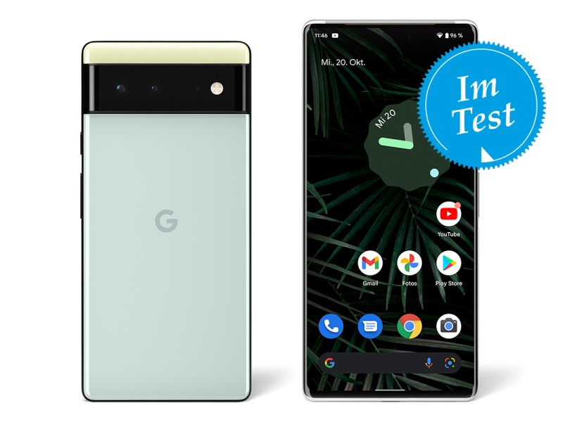 Die beiden neuen Google Pixel 6-Smartphones. Links das Pixel 6, das seine Rückseite zeigt, rechts die Vorderseitenansicht des Pixel 6 Pro.