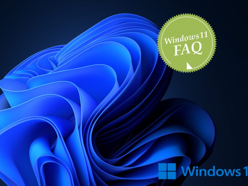 Windows 11 Logo mit dunklem Hintergrund und Wirbel. Güner Button Windows11 FAQ