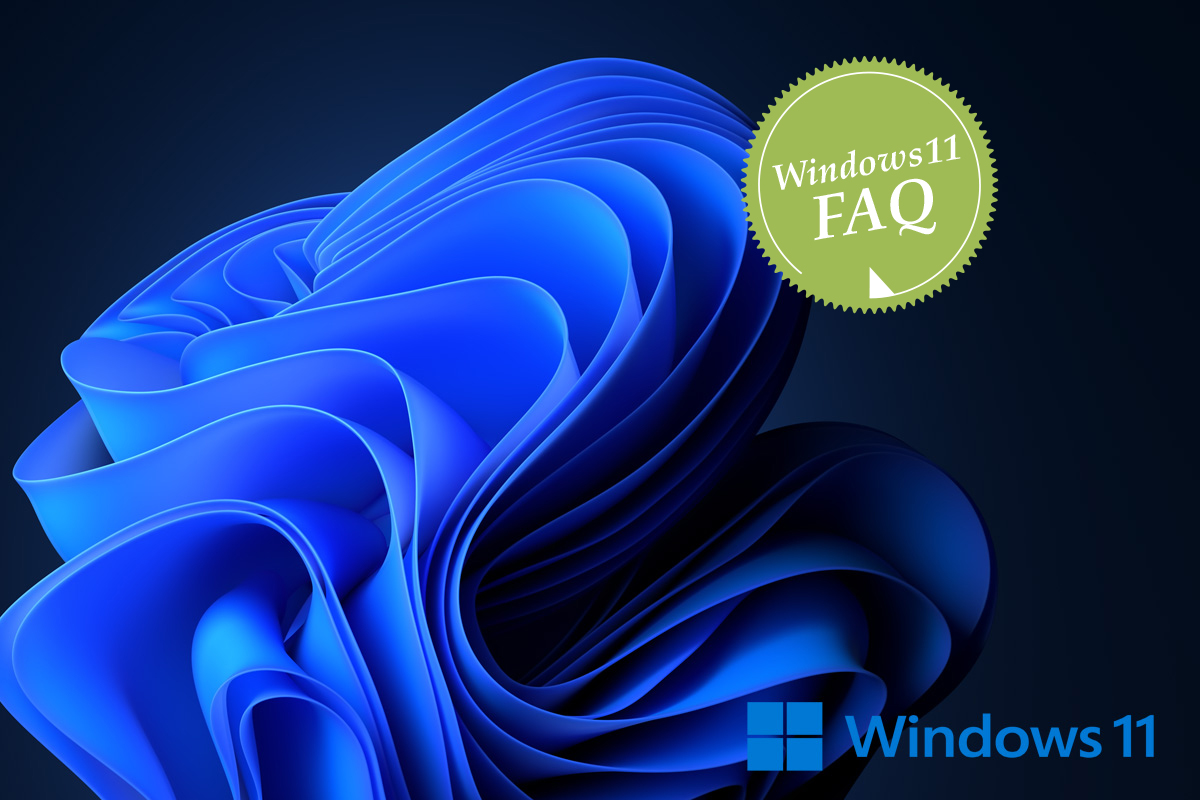 Windows 11 Logo mit dunklem Hintergrund und Wirbel. Güner Button Windows11 FAQ