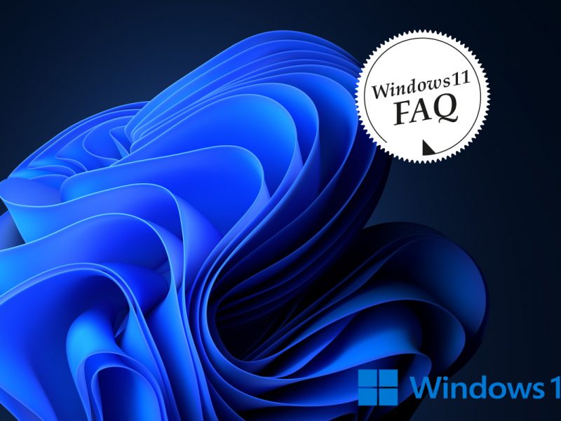 Windows 11 Logo mit dunklem Hintergrund und Wirbel. Weißer Button Windows11 FAQ