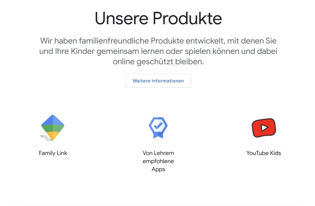 Die Oberfläche des Google Portals für Familien