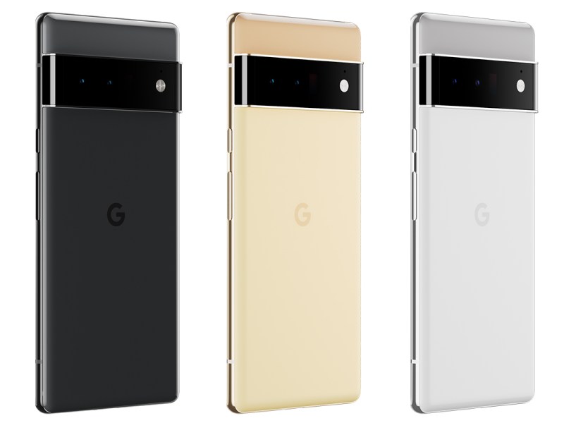 Rückseitenansicht des Google Pixel 6 Pro in drei Farbausführungen.