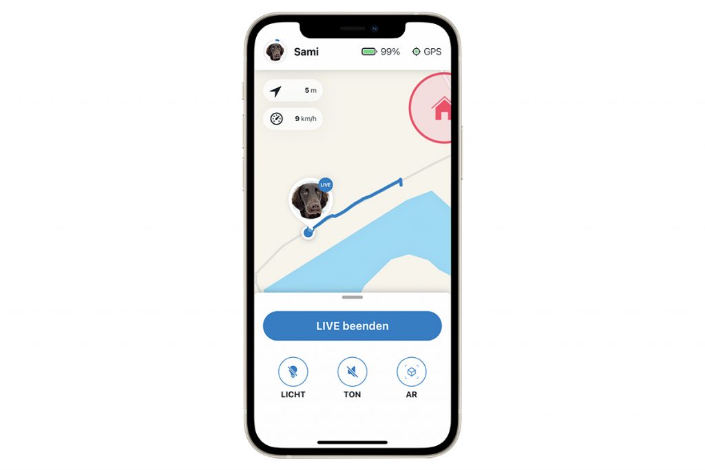 Das Bild zeigt die Tractive App und livetracking des Hundes.