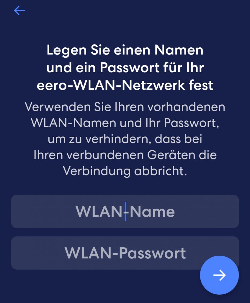 Screenshot dunkelblaues Fenster mit Eingabe für WLAN-Name und Passwort