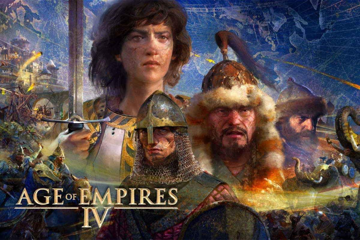 Grafisches Bild von verschiedenen Menschen mit Ritterhelmen und Age of Empires IV Logo