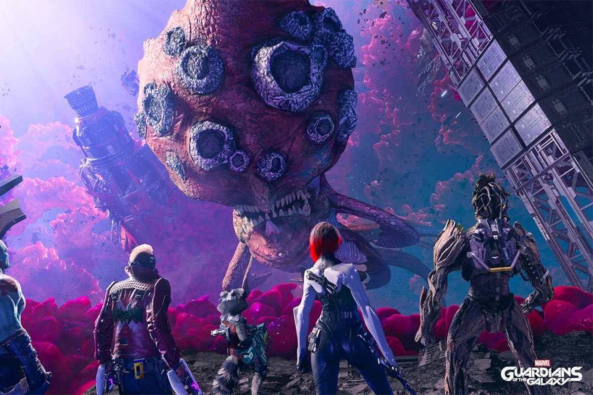 Guardians of the Galaxy Spiel-Poster stehen vor Lila Alien mit Marvel-Logo rechts unten