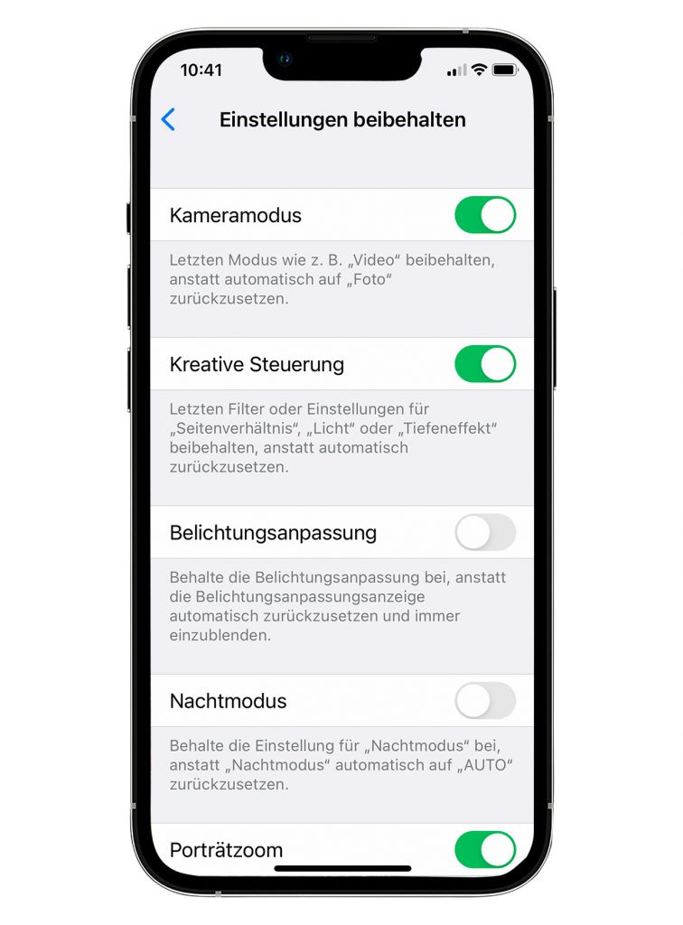 Iphone Kameraeinstellungen speichern