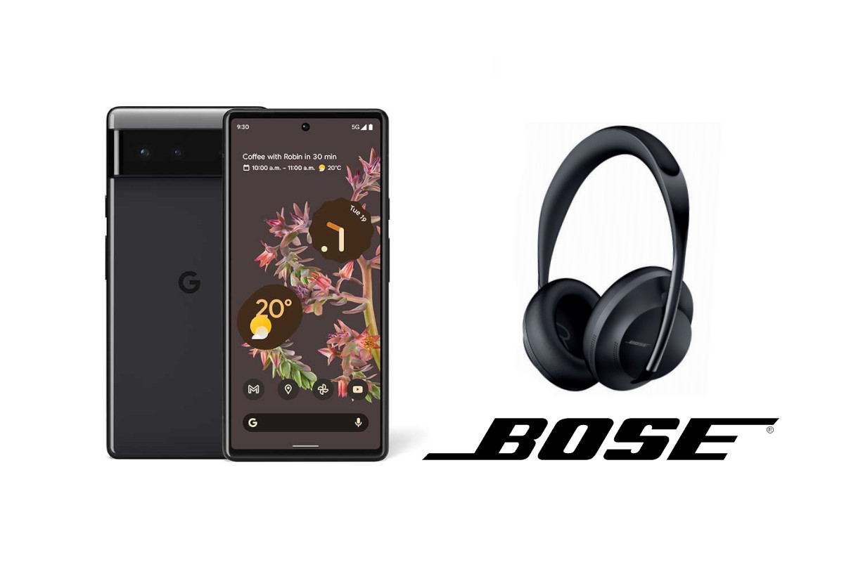 Pixel 6 von vorn und hinten, daneben schwarze Kopfhörer mit Bose-Logo darunter auf weißem Hintergrund