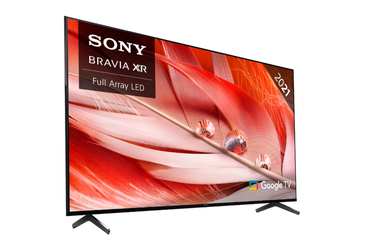 Sony Bravia Fernseher schräg von der Seite mit rotem Federbild auf weißem Hintergrund