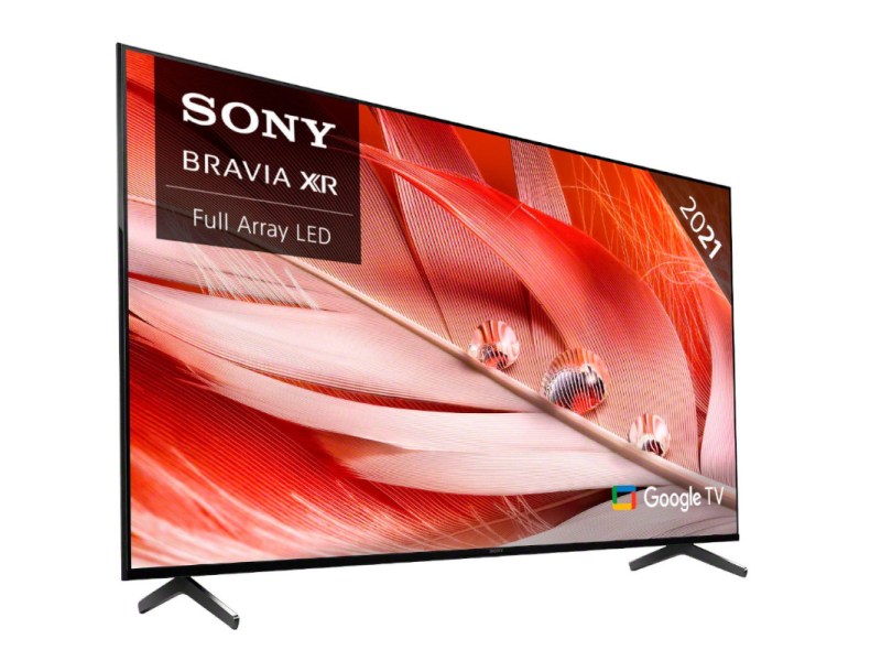 Sony Bravia Fernseher schräg von der Seite mit rotem Federbild auf weißem Hintergrund