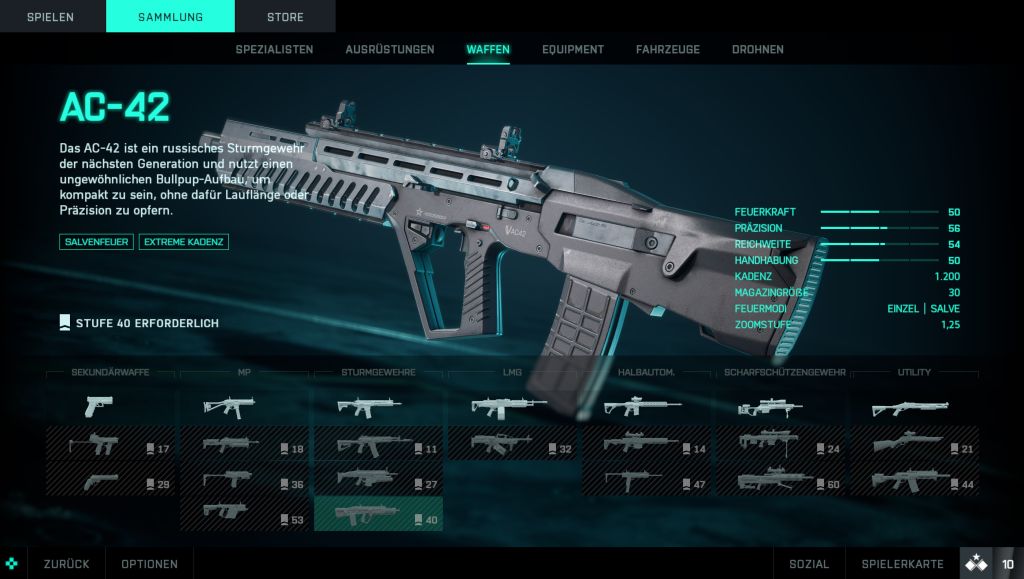 Screenshot Waffe mit Attributen auf dunklem Hintergrund