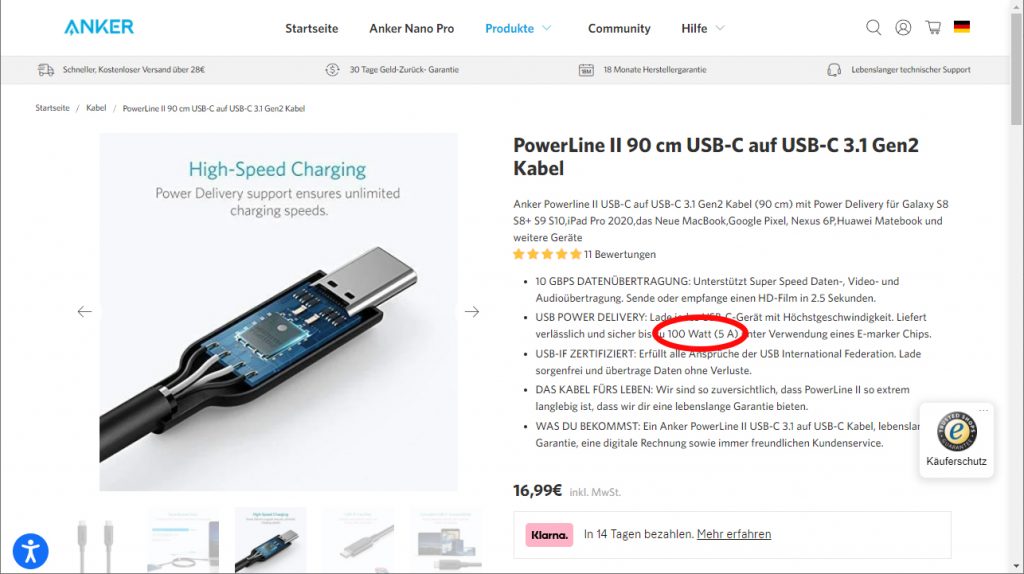 Screenshot Shop Anker mit Kabel