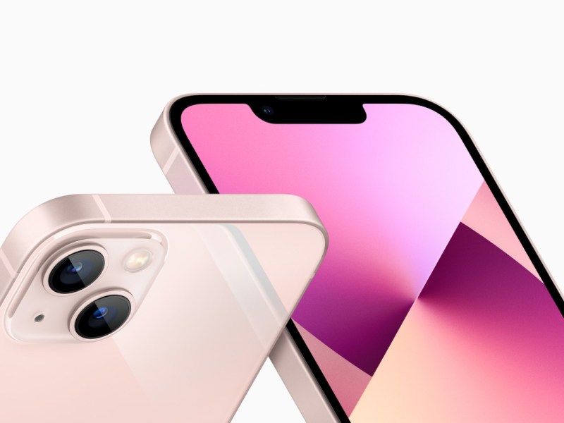 obere Hälften von iPhone in Rosa ragen von unten in das weiße Bild