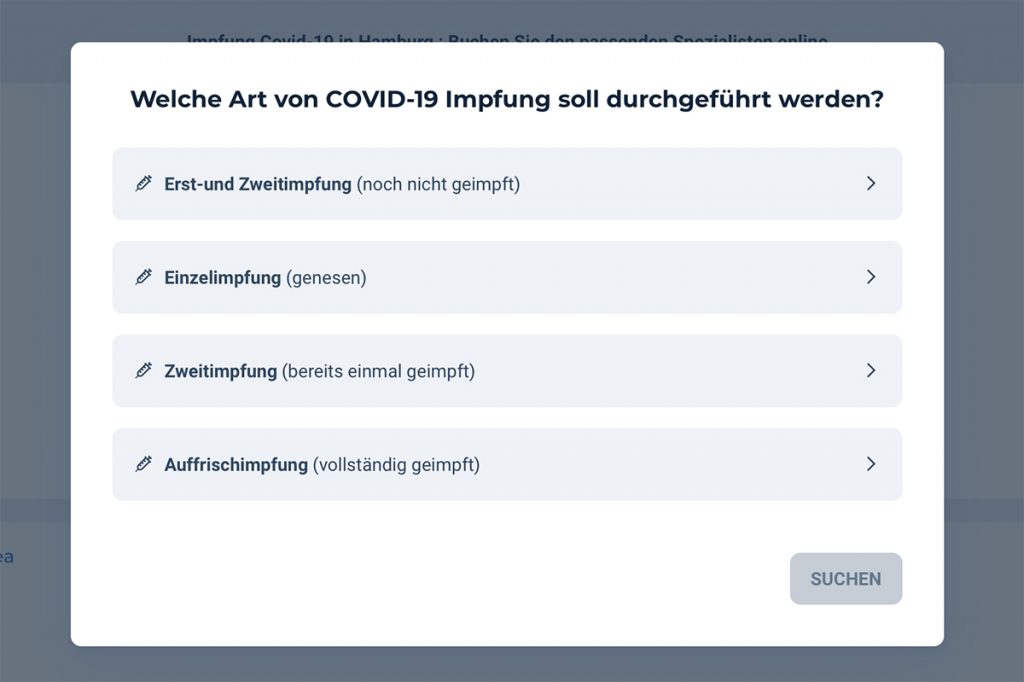 Browserfenster, um die Art einer gewünschten Corona-Impfung auszuwählen. Etwa eine Auffrischungsimpfung.