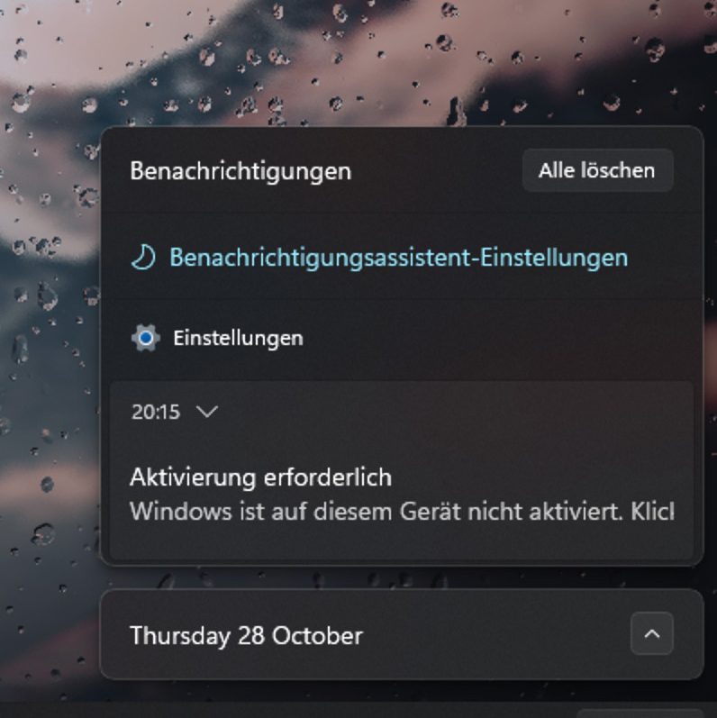 Screenshot Taskleiste mit Benachrichtigungsoptionen