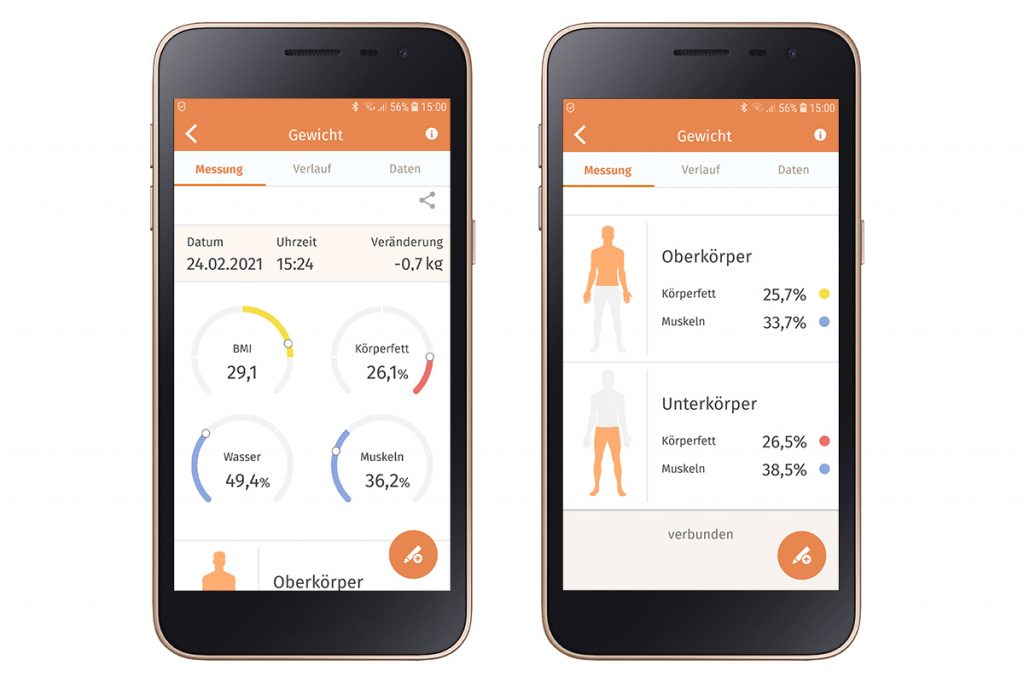 Zwei Smartphones nebeneinander zeigen orangene App