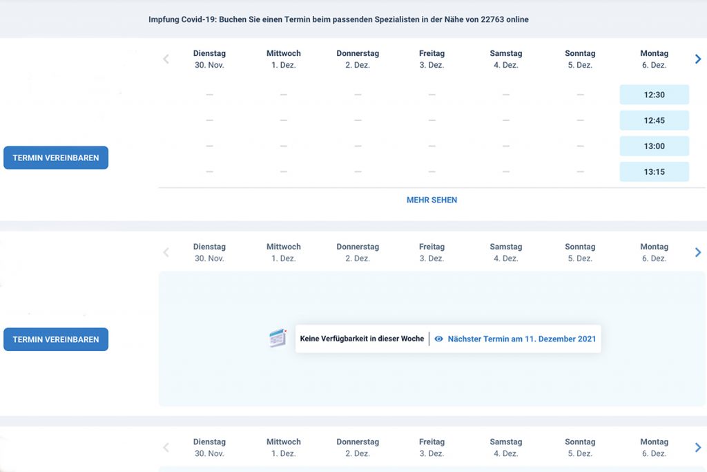 Die Ansicht der Internetseite von Docotolib zeigt freie Termine für eine Corona-Auffrisch-Impfung.
