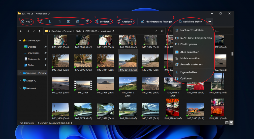Screenshot Ordner mit Bilddateien und rot eingekreisten Funktionen