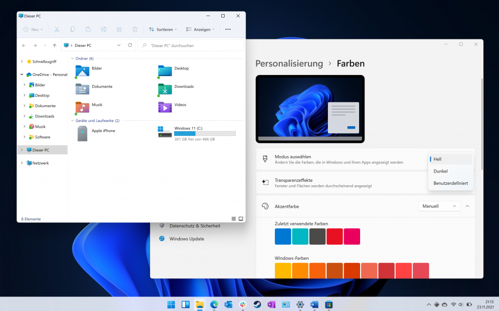 Screenshot zwei geöffnete Fenster mit Icons und Farbverlauf