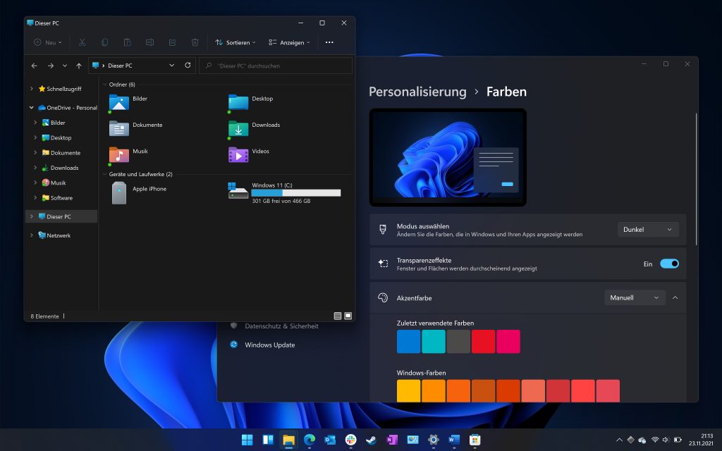 Screenshot zwei geöffnete dunkle Fenster mit icons und farbverlauf