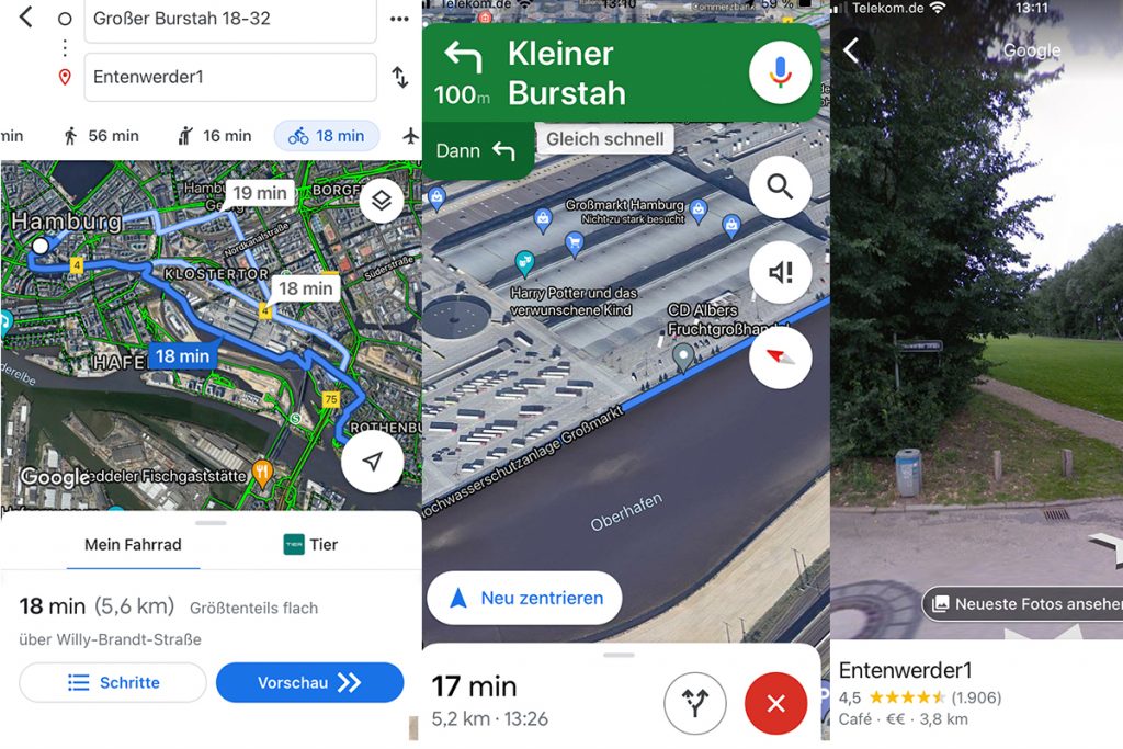 Drei Ansichten der Google Maps-Apps. 