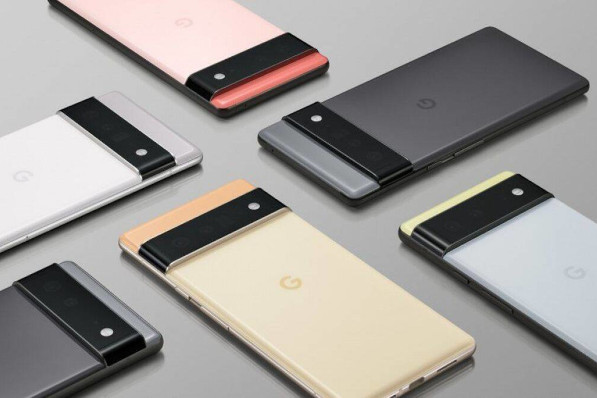Sechs verschieden farbene Smartphones von oben mit Display nach unten