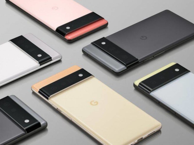 Sechs verschieden farbene Smartphones von oben mit Display nach unten