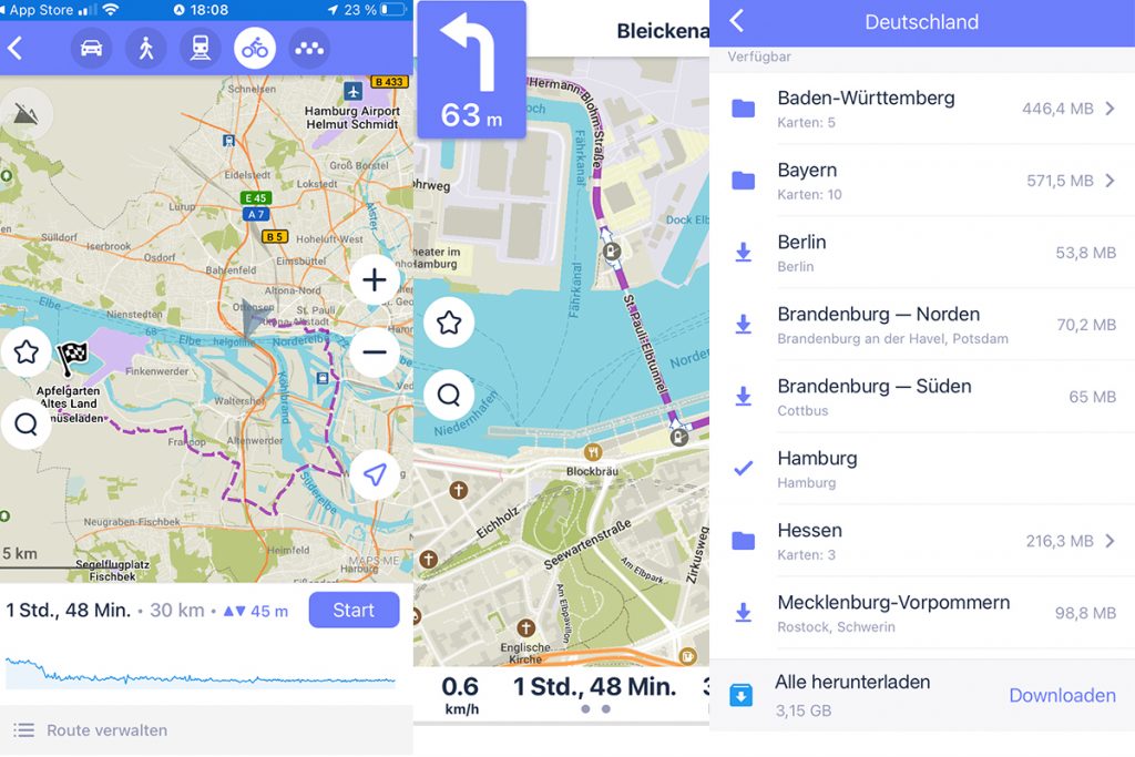 Drei Screenshots der E-Bike-App Mapsme mit Streckenführung zu Roten-Navigation