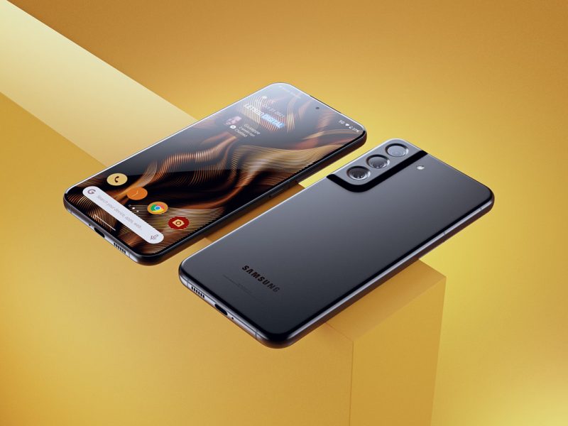 Ansicht des Samsung Galaxy S22 mit Vorder- und Rückseite. Wie das S21 aoll auch der Nachfolger ein Kamera-System mit drei Linsen bieten.