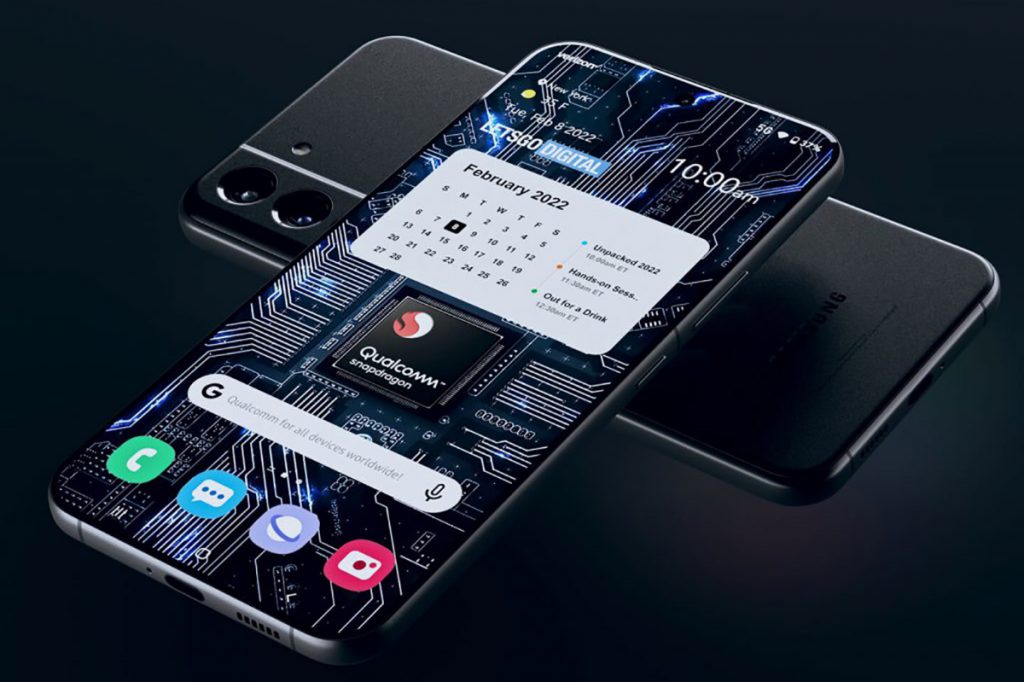 Samsung Galaxy-S22-Smartphone mit Display-Anzeige. Darin zu sehen ist ein Symboldbild des neuen Snapdragon 898-Prozessors.