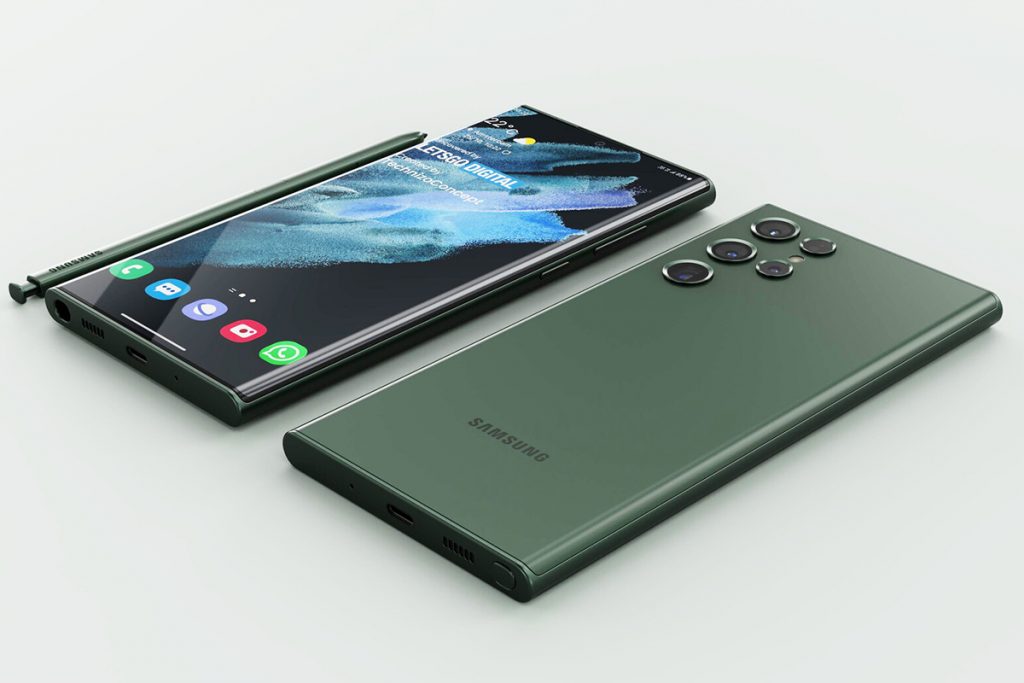 Ansicht der Vorder- und Rückseite von Samsungs künftiges Top-Smartphone, das Galaxy S22 Ultra.