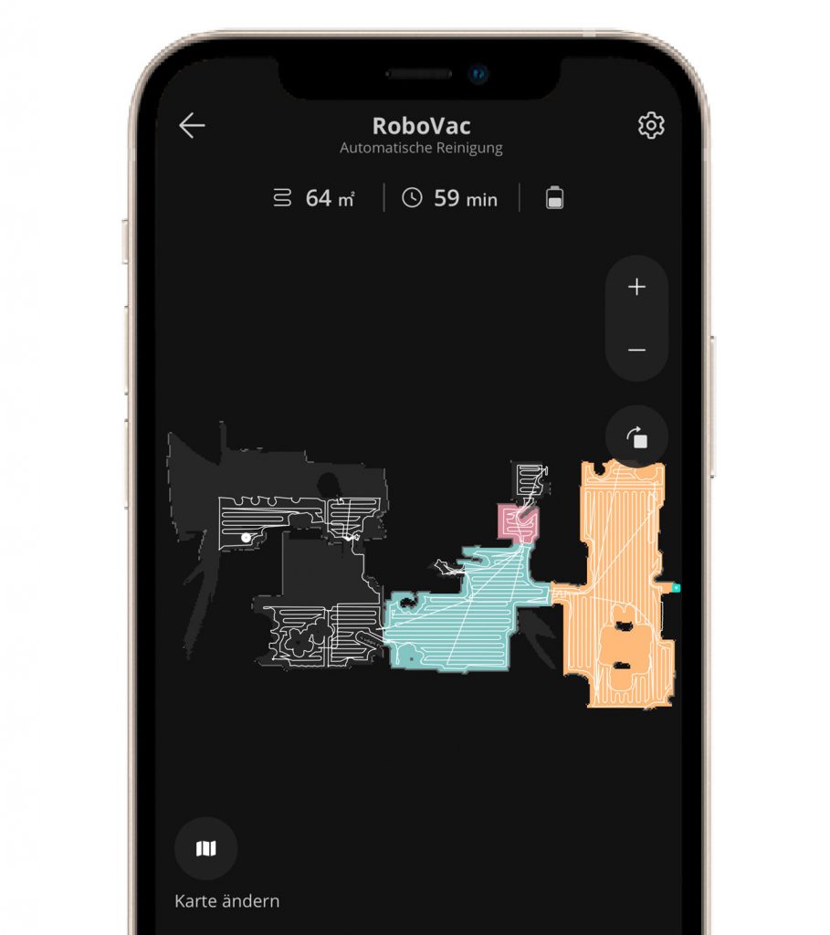 Smartphone mit geöffneter App zeigt dunkle Karte mit farbigen hellen Flecken