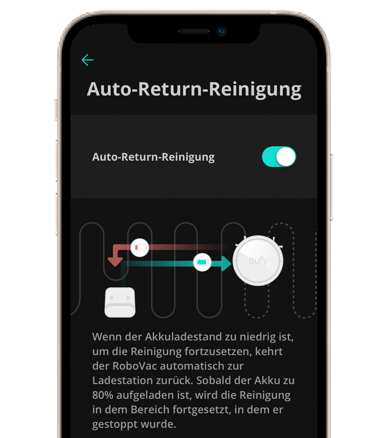Schwarzes Smartphone zeigt Reinigungs-Einstellungen von Roboter App