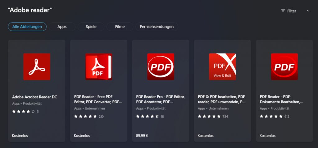 Screenshot Dunkles Fenster mit vielen PDF-Apps