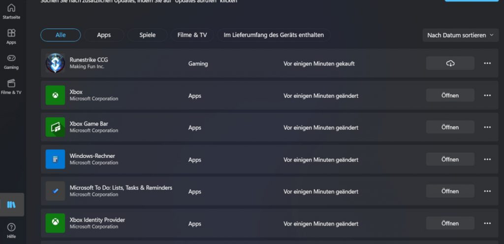 Screenshot dunkles Fenster mit App-Liste
