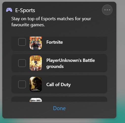Screenshot E-Sport Widget mit Spielvorschlägen