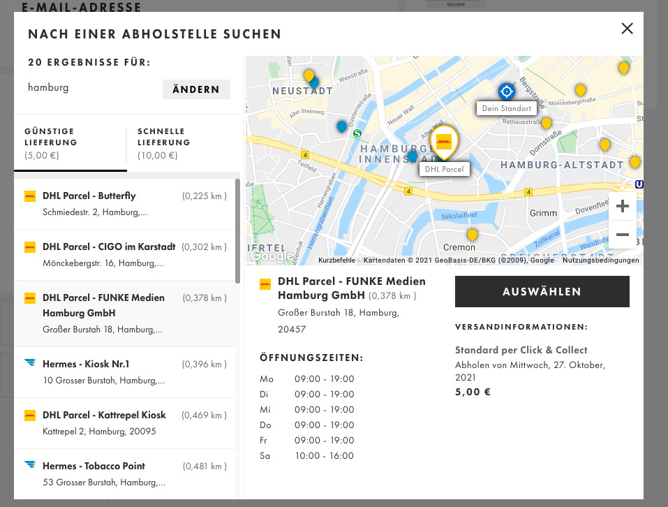 Screenshot Karte von Stadt mit Liste von DHL Stationen