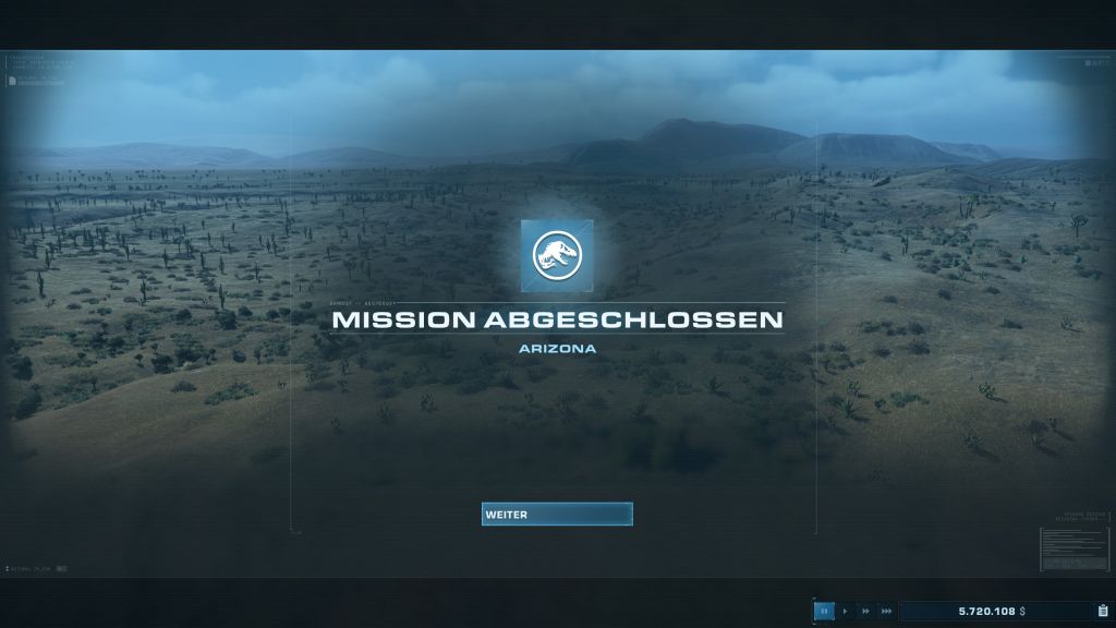 Screenshot ausgegraute Sicht auf Land, in der Mitte Schriftzug "Mission abgeschlossen"