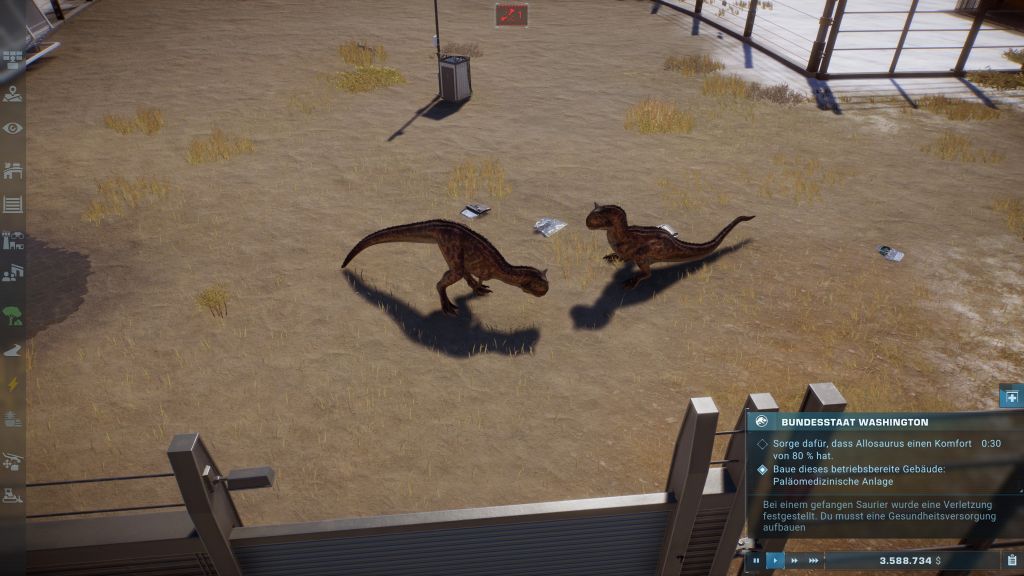 Screenshot Blick ins Gehege wo zwei Saurier kämpfen