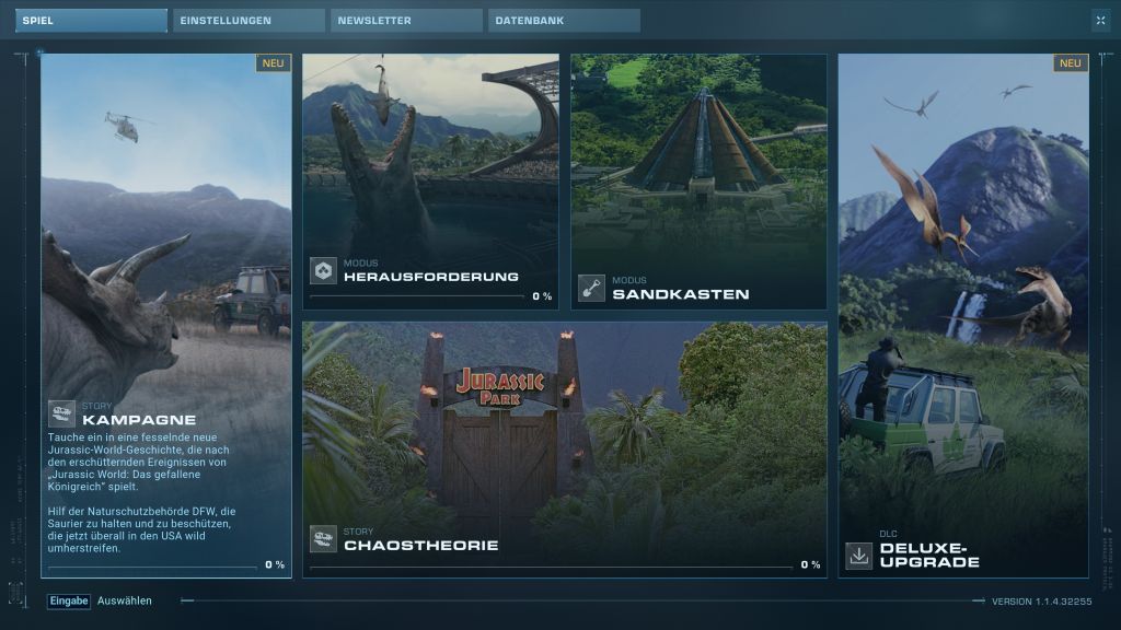Screenshot mit verschiedenen Kacheln, die Bilder von Dinos und Landschaft zeigen