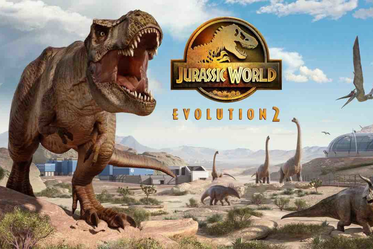 T-Rex in bergiger Sandlandschaft, im Hintergrund andere Dinosaurier, in der Mitte Jurassic World-Logo