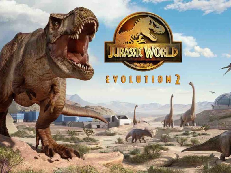 T-Rex in bergiger Sandlandschaft, im Hintergrund andere Dinosaurier, in der Mitte Jurassic World-Logo